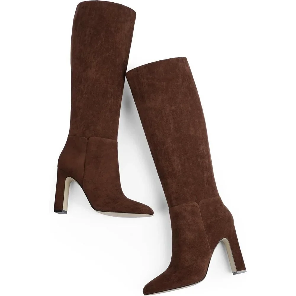 Women's Chocolate Knee High Almond Toe Chunky Block High Heel Side Zipper Boots